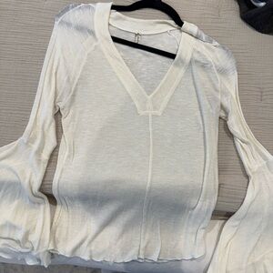 Free People Cream Fitted Ribbed Blouse